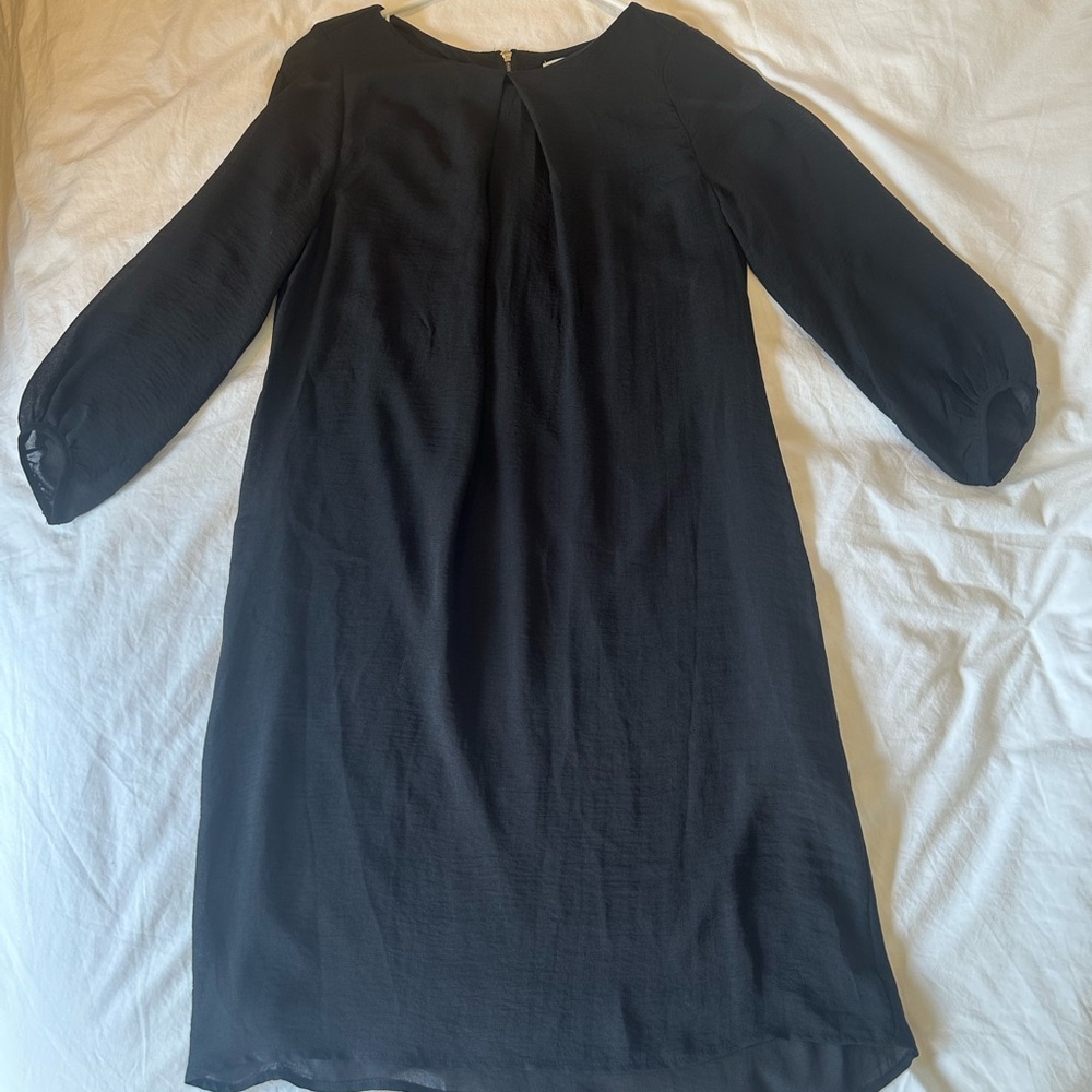 H&M Black Short Dress A-Line Back Zip, Fully Lined except for Sheer Sleeves